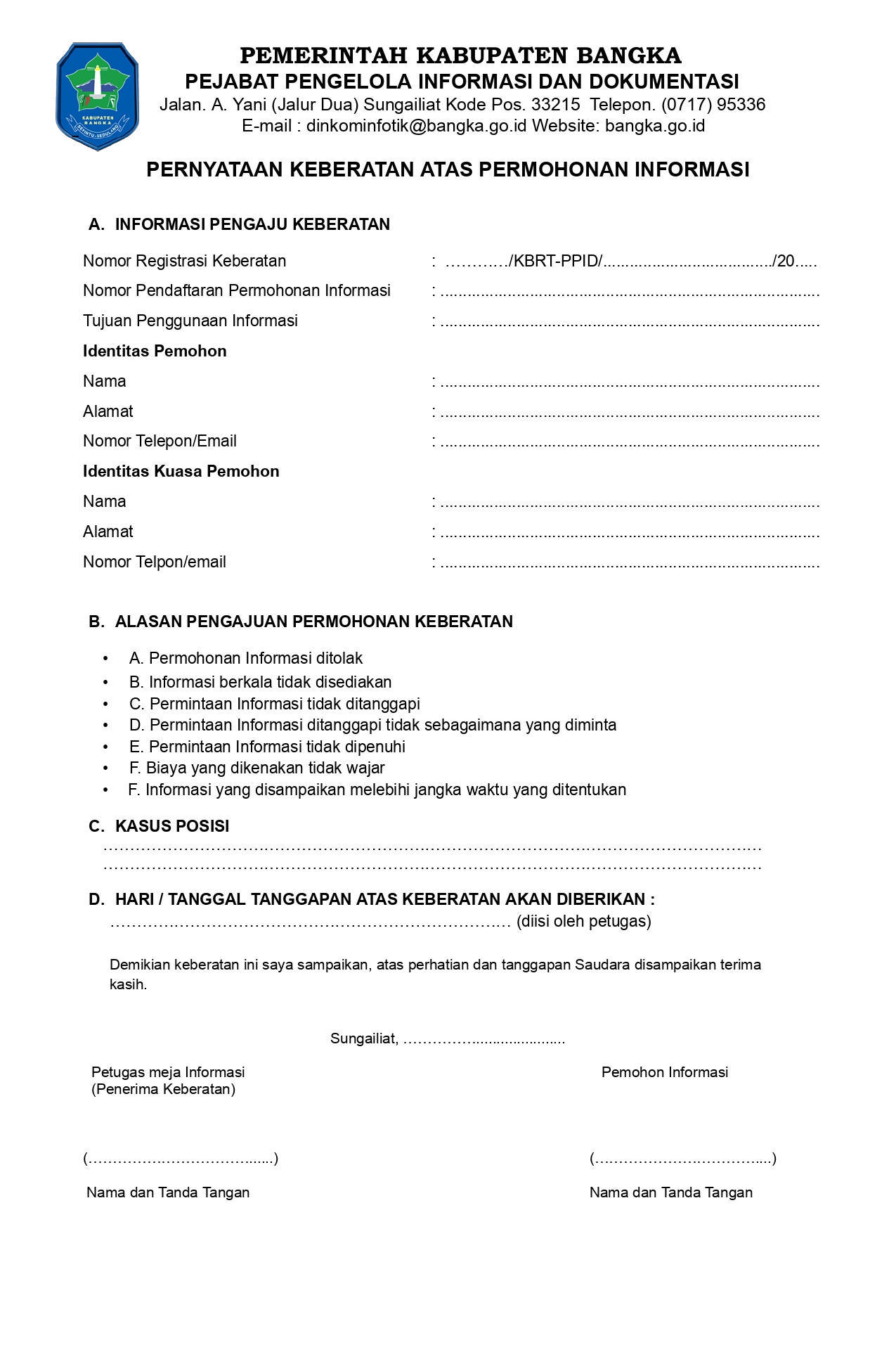 PERNYATAAN KEBERATAN ATAS PERMOHONAN INFORMASI